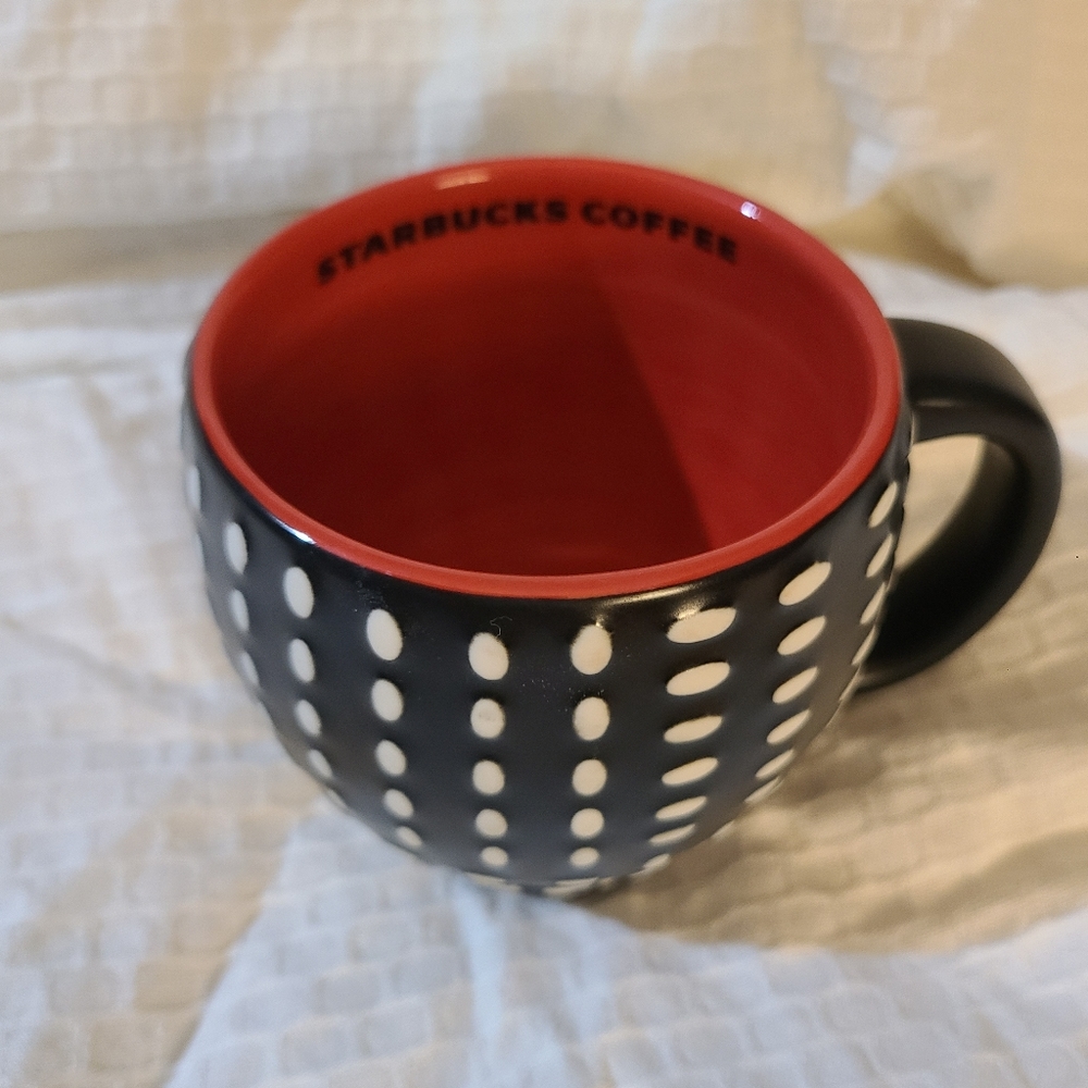 Starbucks 2008 Coffee/Tea Mug/Cup Black and White Polka Dot, Red inside.